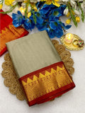 Women's Cotton Silk Striped Saree With Unstitched Blouse - 5.5 Mtr (Beige-Red)