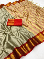 Women's Cotton Silk Striped Saree With Unstitched Blouse - 5.5 Mtr (Beige-Red)