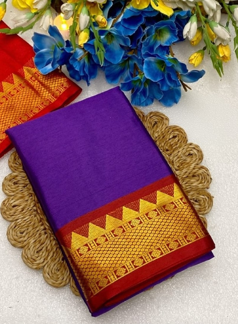 Women's Cotton Silk Striped Saree With Unstitched Blouse - 5.5 Mtr (Purple-Red)
