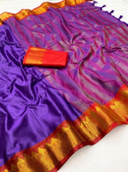 Women's Cotton Silk Striped Saree With Unstitched Blouse - 5.5 Mtr (Purple-Red)