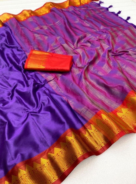 Women's Cotton Silk Striped Saree With Unstitched Blouse - 5.5 Mtr (Purple-Red)