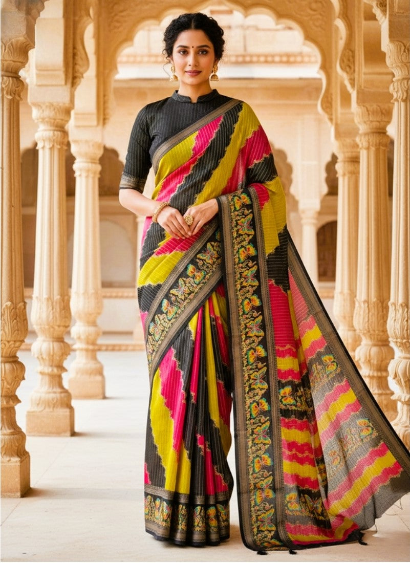 Women's Silk Kalamkari Printed Saree With Unstitched Blouse - 5.5 Mtr (Multicolor)