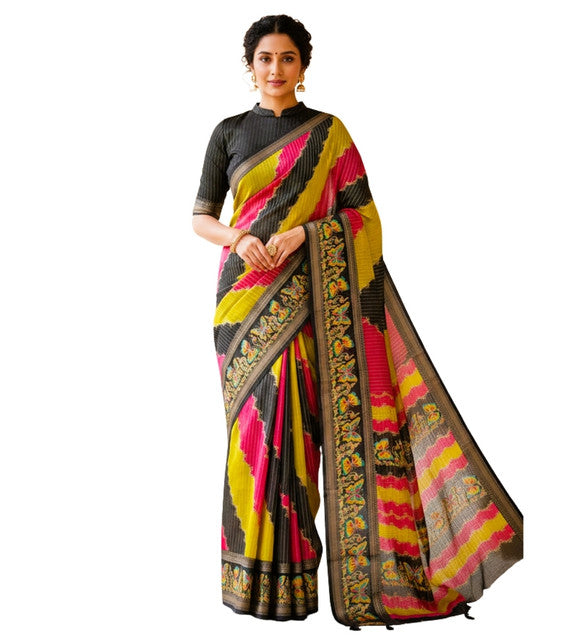 Women's Silk Kalamkari Printed Saree With Unstitched Blouse - 5.5 Mtr (Multicolor)