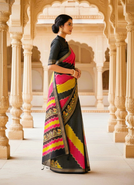 Women's Silk Kalamkari Printed Saree With Unstitched Blouse - 5.5 Mtr (Multicolor)