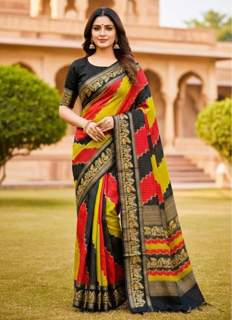 Women's Silk Kalamkari Printed Saree With Unstitched Blouse - 5.5 Mtr (Multicolor)