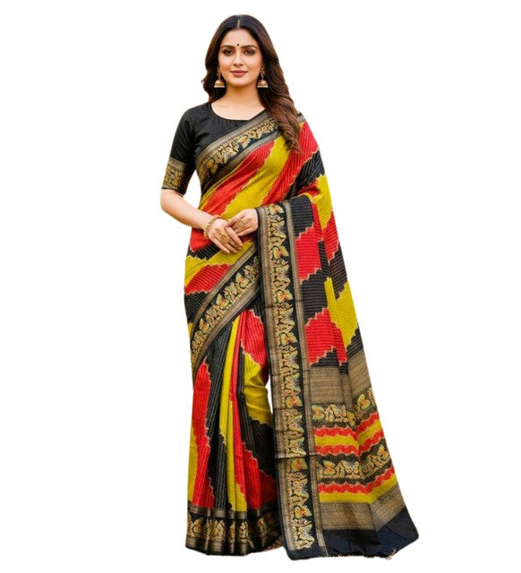 Women's Silk Kalamkari Printed Saree With Unstitched Blouse - 5.5 Mtr (Multicolor)