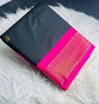 Women's Cotton Silk Solid Saree With Unstitched Blouse - 5.5 Mtr (Black-Pink)