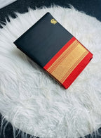 Women's Cotton Silk Solid Saree With Unstitched Blouse - 5.5 Mtr (Black-Red)