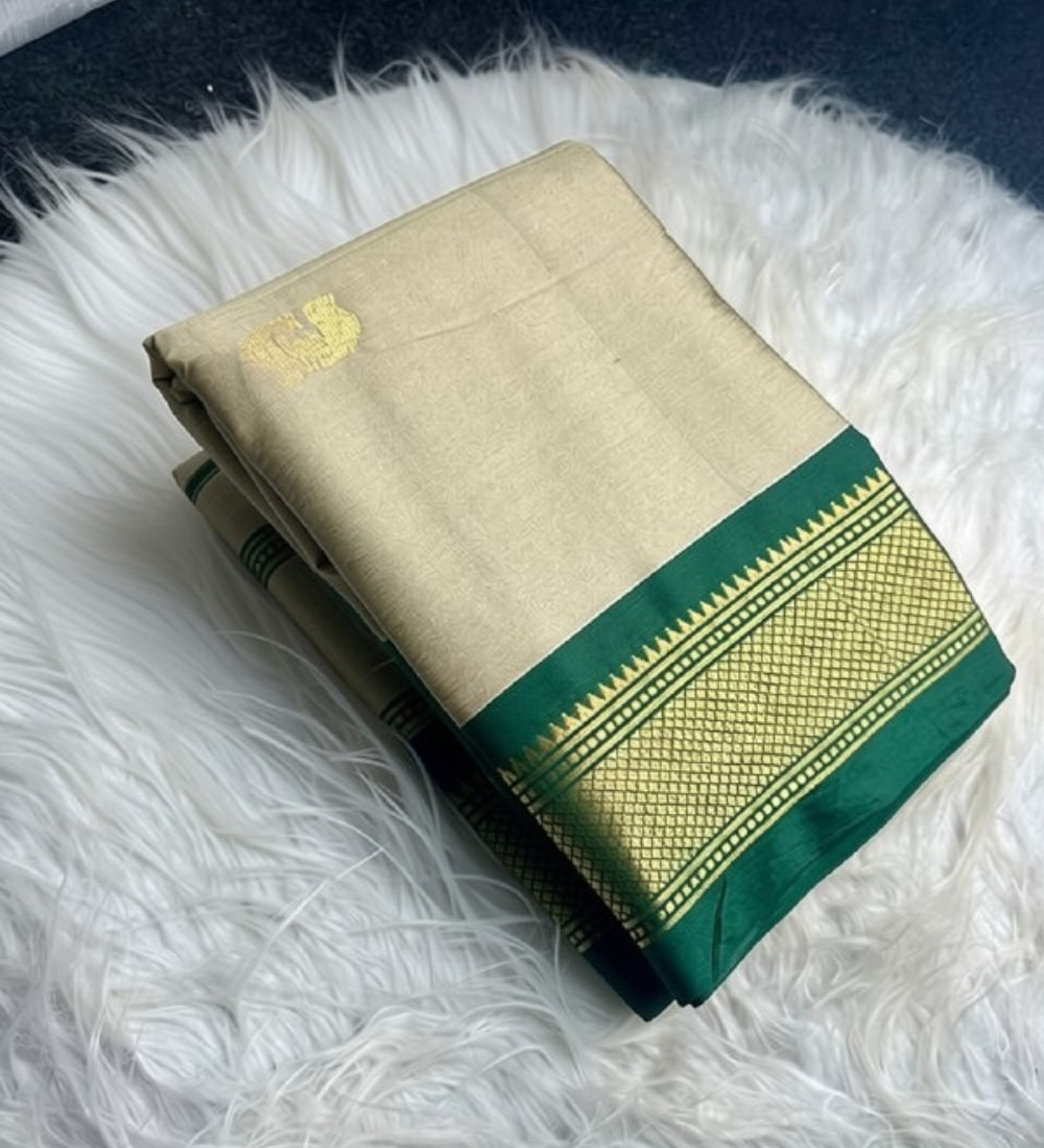 Women's Cotton Silk Solid Saree With Unstitched Blouse - 5.5 Mtr (Beige-Green)