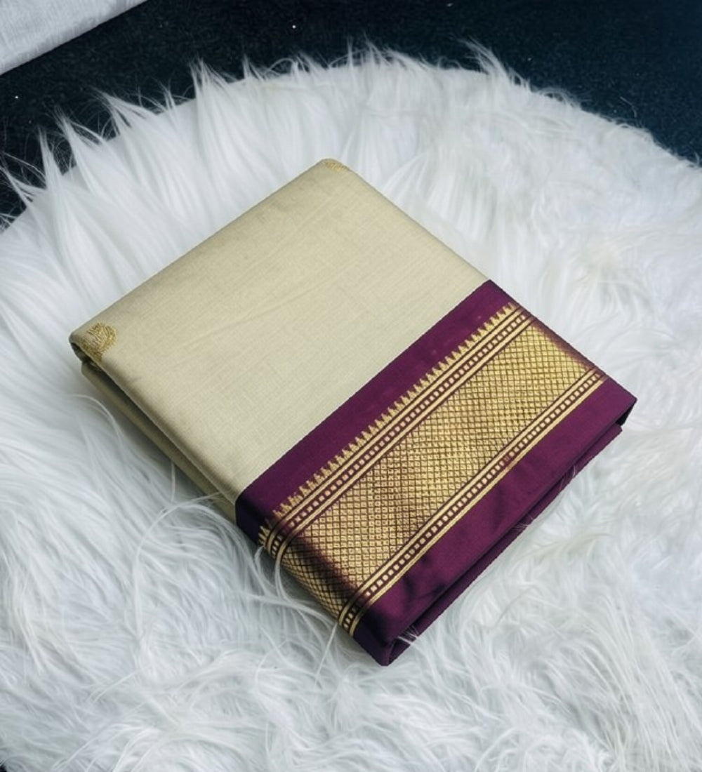 Women's Cotton Silk Solid Saree With Unstitched Blouse - 5.5 Mtr (Cream-Wine)