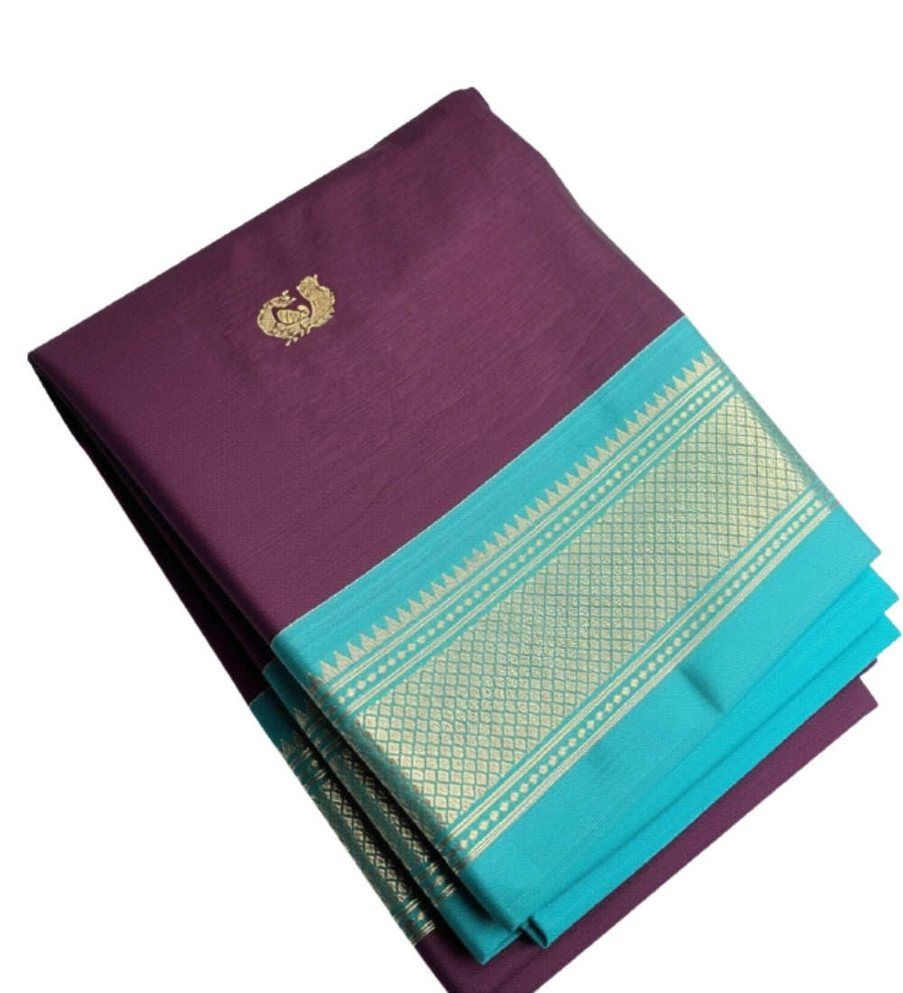 Women's Cotton Silk Solid Saree With Unstitched Blouse - 5.5 Mtr (Purple-Turquoise)