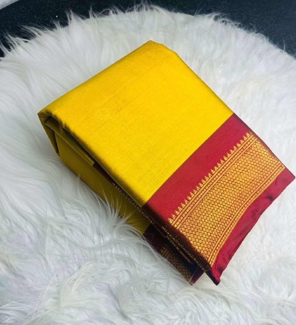 Women's Cotton Silk Solid Saree With Unstitched Blouse - 5.5 Mtr (Yellow-Red)