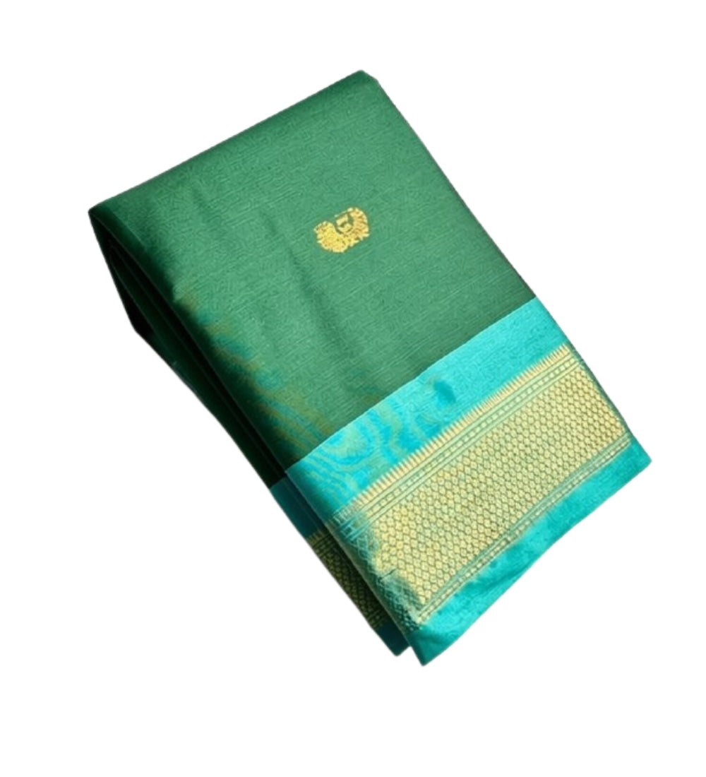 Women's Cotton Silk Solid Saree With Unstitched Blouse - 5.5 Mtr (Dark Green-Turquoise)
