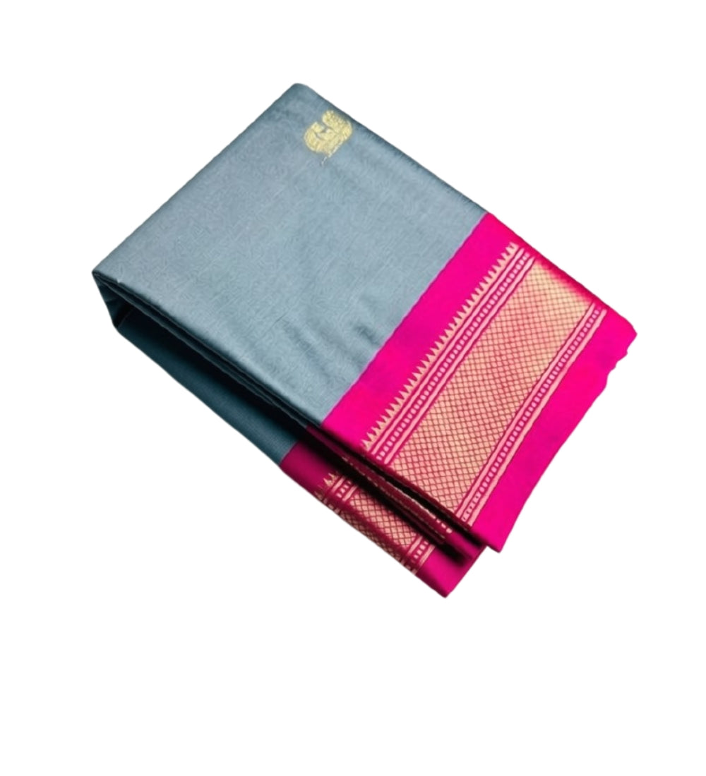 Women's Cotton Silk Solid Saree With Unstitched Blouse - 5.5 Mtr (Grey-Pink)