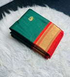 Women's Cotton Silk Solid Saree With Unstitched Blouse - 5.5 Mtr (Dark Green-Red)