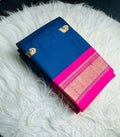 Women's Cotton Silk Solid Saree With Unstitched Blouse - 5.5 Mtr (Navy Blue-Pink)