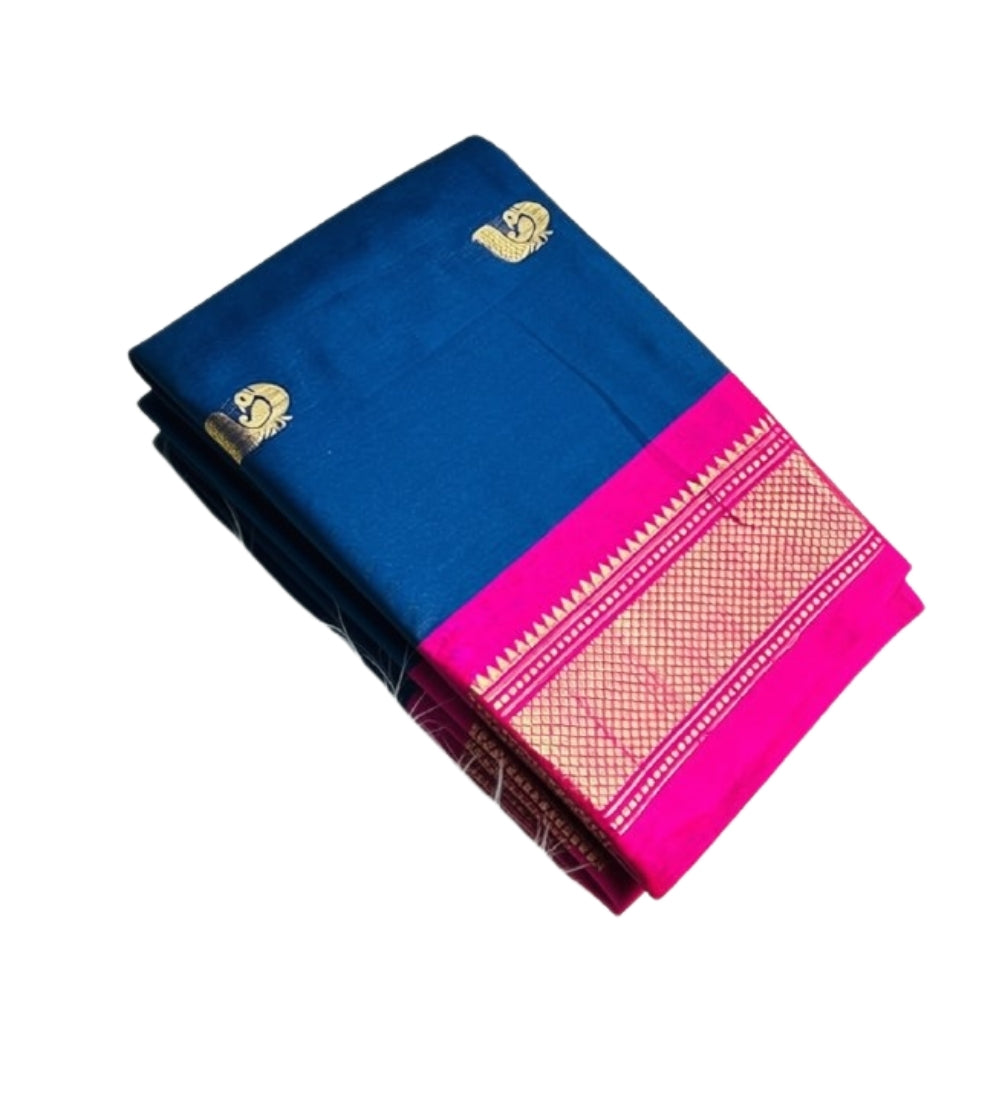 Women's Cotton Silk Solid Saree With Unstitched Blouse - 5.5 Mtr (Navy Blue-Pink)