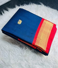 Women's Cotton Silk Solid Saree With Unstitched Blouse - 5.5 Mtr (Navy Blue-Red)