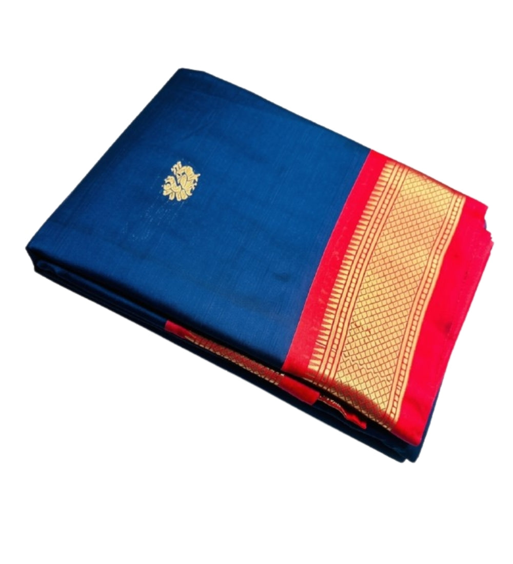 Women's Cotton Silk Solid Saree With Unstitched Blouse - 5.5 Mtr (Navy Blue-Red)