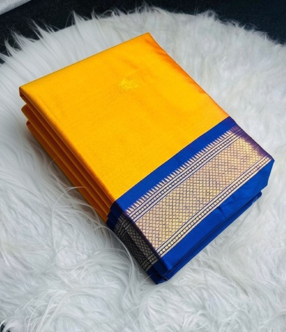 Women's Cotton Silk Solid Saree With Unstitched Blouse - 5.5 Mtr (Yellow-Blue)