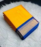 Women's Cotton Silk Solid Saree With Unstitched Blouse - 5.5 Mtr (Yellow-Blue)