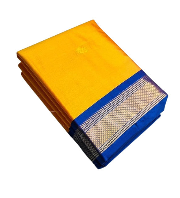 Women's Cotton Silk Solid Saree With Unstitched Blouse - 5.5 Mtr (Yellow-Blue)
