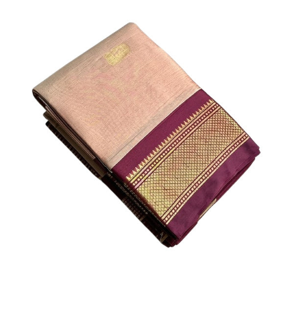 Women's Cotton Silk Solid Saree With Unstitched Blouse - 5.5 Mtr (Peach-Maroon)