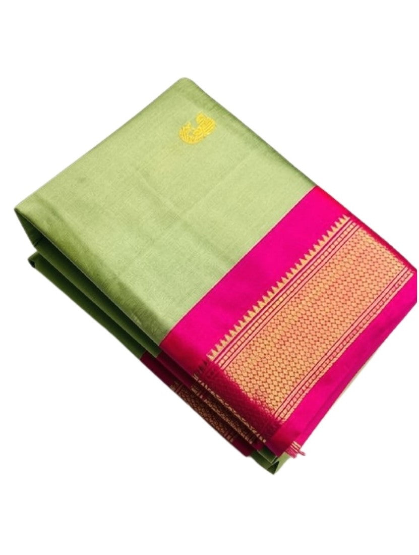 Women's Cotton Silk Solid Saree With Unstitched Blouse - 5.5 Mtr (Light Green-Pink)