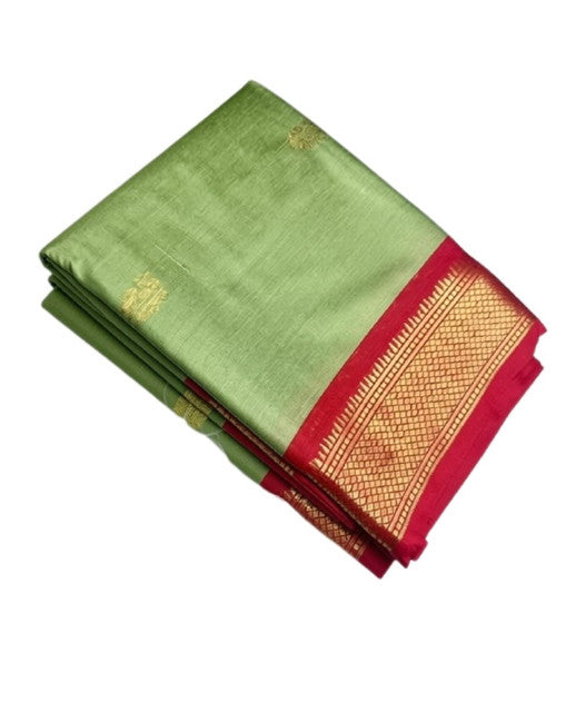 Women's Cotton Silk Solid Saree With Unstitched Blouse - 5.5 Mtr (Pista Green-Red)