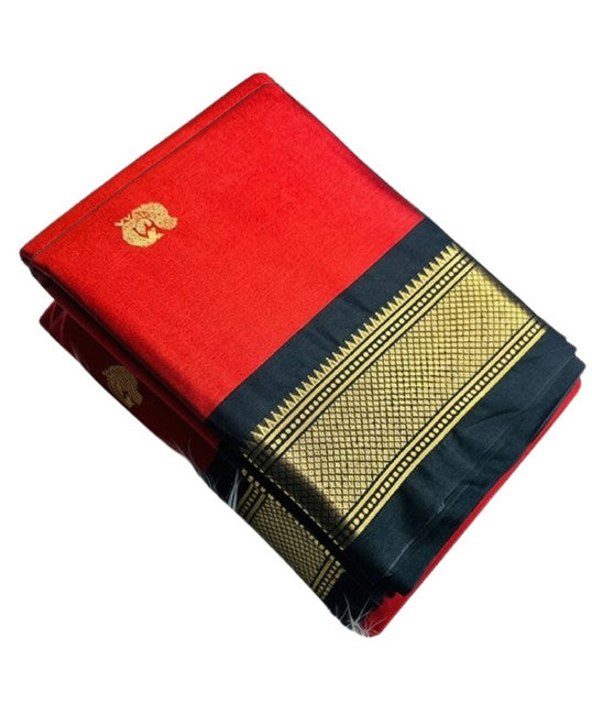Women's Cotton Silk Solid Saree With Unstitched Blouse - 5.5 Mtr (Red-Black)