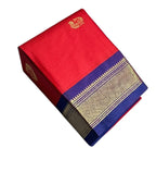 Women's Cotton Silk Solid Saree With Unstitched Blouse - 5.5 Mtr (Red-Blue)