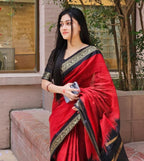 Women's Linen Striped Saree With Unstitched Blouse - 5.5 Mtr (Red-Black)