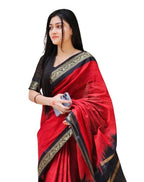 Women's Linen Striped Saree With Unstitched Blouse - 5.5 Mtr (Red-Black)
