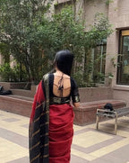 Women's Linen Striped Saree With Unstitched Blouse - 5.5 Mtr (Red-Black)