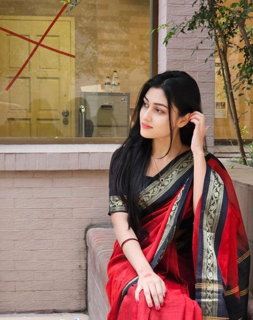 Women's Linen Striped Saree With Unstitched Blouse - 5.5 Mtr (Red-Black)