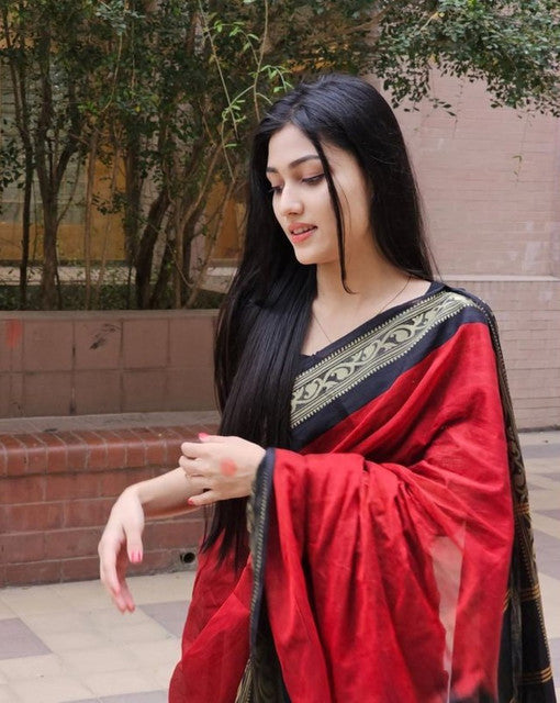 Women's Linen Striped Saree With Unstitched Blouse - 5.5 Mtr (Red-Black)