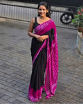 Women's Linen Printed Saree With Unstitched Blouse - 5.5 Mtr (Black-Pink)