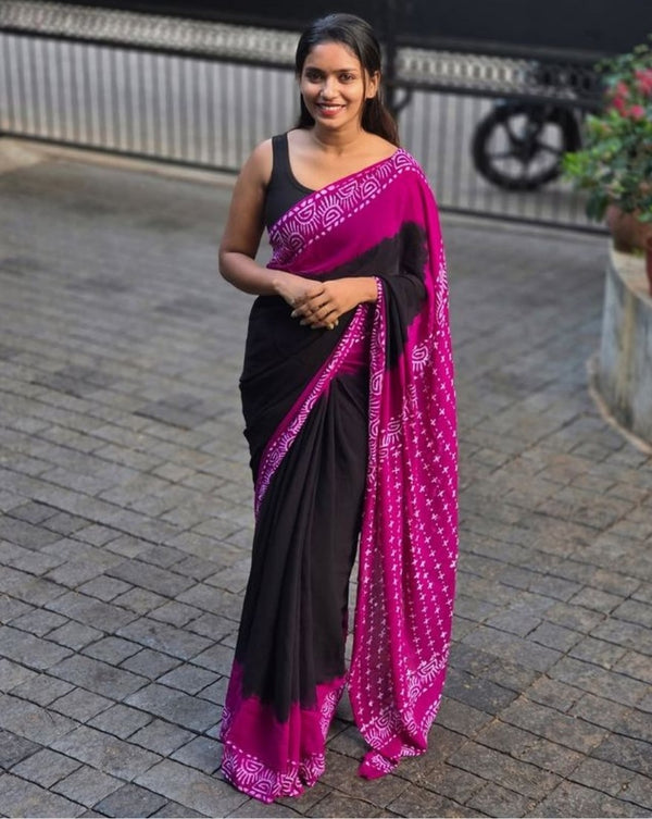 Women's Linen Printed Saree With Unstitched Blouse - 5.5 Mtr (Black-Pink)