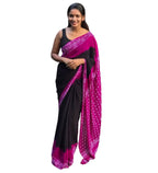 Women's Linen Printed Saree With Unstitched Blouse - 5.5 Mtr (Black-Pink)