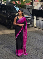 Women's Linen Printed Saree With Unstitched Blouse - 5.5 Mtr (Black-Pink)