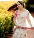 Women's Linen Floral Printed Saree With Unstitched Blouse - 5.5 Mtr (Off White)