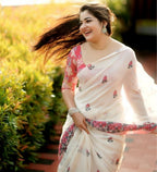 Women's Linen Floral Printed Saree With Unstitched Blouse - 5.5 Mtr (Off White)