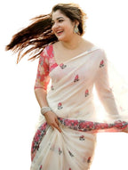 Women's Linen Floral Printed Saree With Unstitched Blouse - 5.5 Mtr (Off White)