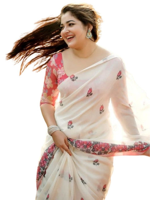 Women's Linen Floral Printed Saree With Unstitched Blouse - 5.5 Mtr (Off White)