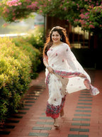 Women's Linen Floral Printed Saree With Unstitched Blouse - 5.5 Mtr (Off White)