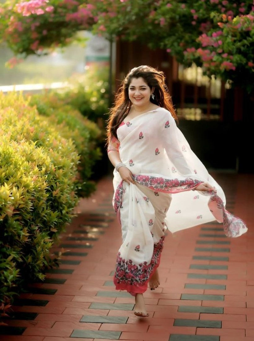 Women's Linen Floral Printed Saree With Unstitched Blouse - 5.5 Mtr (Off White)