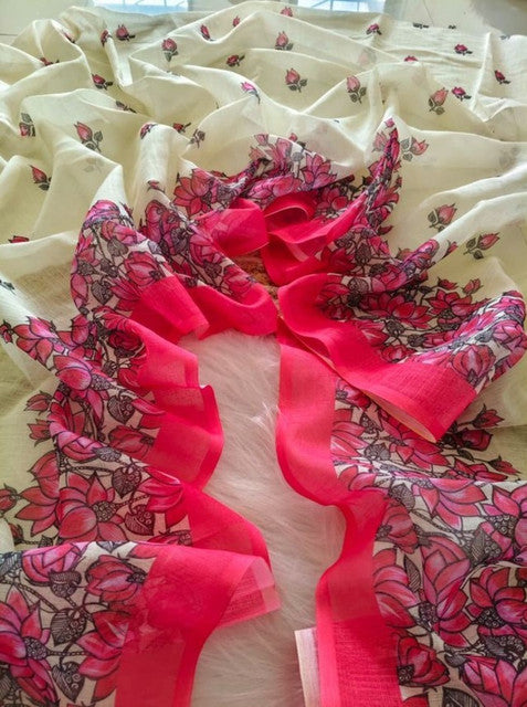 Women's Linen Floral Printed Saree With Unstitched Blouse - 5.5 Mtr (Off White)