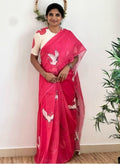 Women's Linen Printed Saree With Unstitched Blouse - 5.5 Mtr (Pink)
