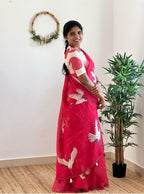 Women's Linen Printed Saree With Unstitched Blouse - 5.5 Mtr (Pink)