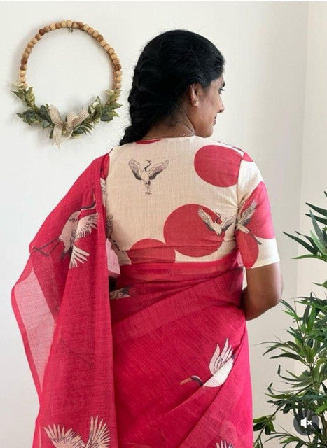 Women's Linen Printed Saree With Unstitched Blouse - 5.5 Mtr (Pink)